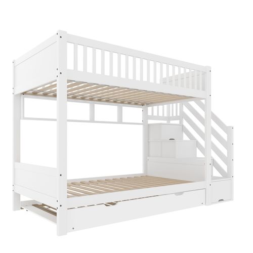 Lit Superposé 2 X 90 X 200cm Avec Avec Escalier De Rangement, Étagères Et Lit Gigogne Blanc
