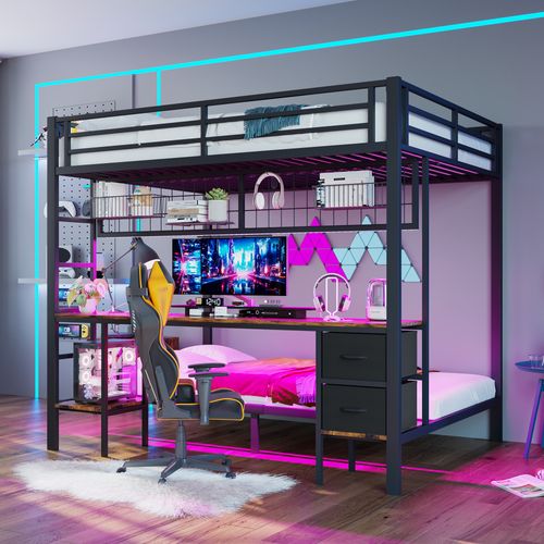 Lit Superposé 140 X 200cm + 90 X 200cm Avec Bureau Et 2 Tiroirs En Tissu Noir