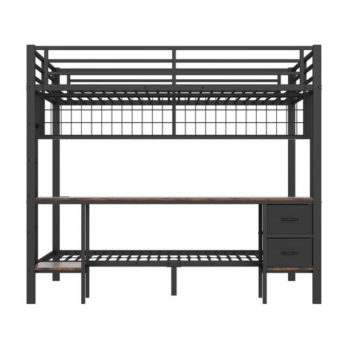 Lit Superposé 140 X 200cm + 90 X 200cm Avec Bureau Et 2 Tiroirs En Tissu Noir