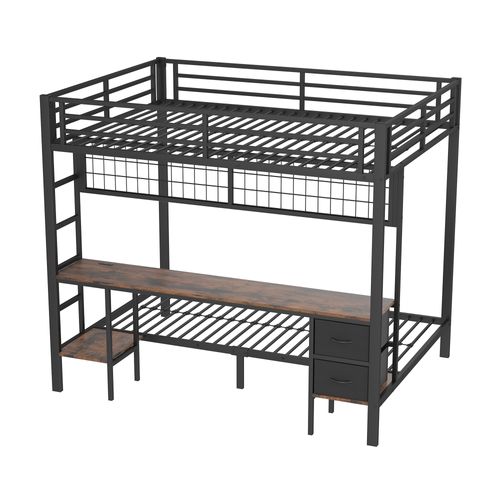 Lit Superposé 140 X 200cm + 90 X 200cm Avec Bureau Et 2 Tiroirs En Tissu Noir