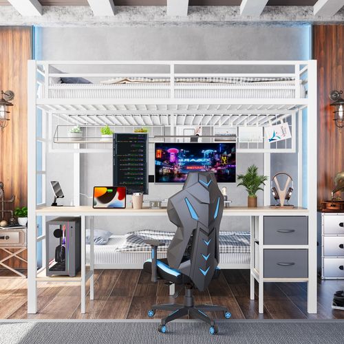 Lit Superposé 140 X 200cm + 90 X 200cm Avec Bureau Et 2 Tiroirs En Tissu Blanc