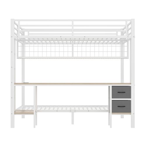 Lit Superposé 140 X 200cm + 90 X 200cm Avec Bureau Et 2 Tiroirs En Tissu Blanc