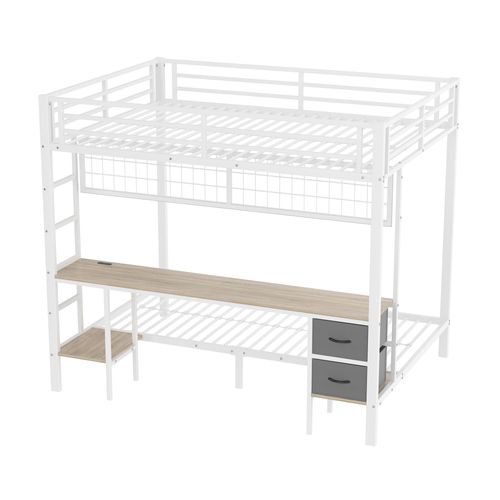 Lit Superposé 140 X 200cm + 90 X 200cm Avec Bureau Et 2 Tiroirs En Tissu Blanc