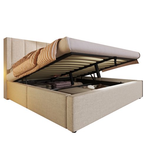 Lit Coffre 140x190 Cm Avec Porte-gobelet Caché Et USB Lin Beige