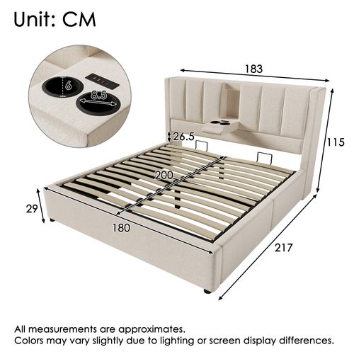 Lit Coffre 180x200 Cm Avec Porte-gobelet Caché Et USB Lin Beige