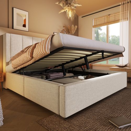 Lit Coffre 180x200 Cm Avec Porte-gobelet Caché Et USB Lin Beige