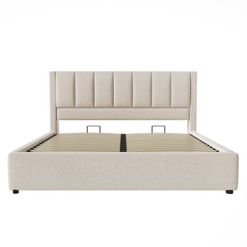 Lit Coffre 180x200 Cm Avec Porte-gobelet Caché Et USB Lin Beige