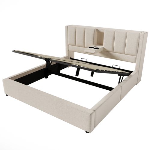 Lit Coffre 180x200 Cm Avec Porte-gobelet Caché Et USB Lin Beige