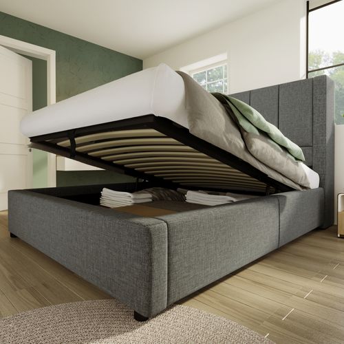 Lit Coffre 90x200 Cm Avec Porte-gobelet Caché Et USB Lin Gris