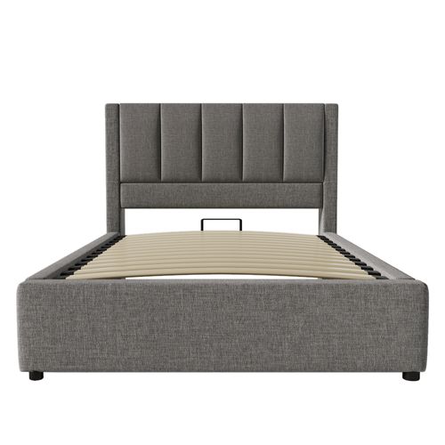 Lit Coffre 90x200 Cm Avec Porte-gobelet Caché Et USB Lin Gris