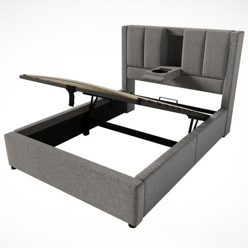 Lit Coffre 90x200 Cm Avec Porte-gobelet Caché Et USB Lin Gris