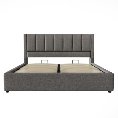 Lit Coffre 140x190 Cm Avec Porte-gobelet Caché Et USB Lin Gris