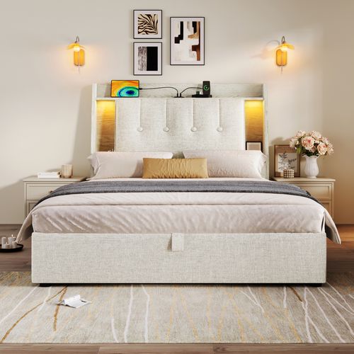 Lit Coffre 90x200 Cm Avec LED, USB Et Tête De Lit Avec Rangement Lin Beige