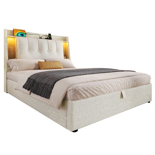 Lit Coffre 90x200 Cm Avec LED, USB Et Tête De Lit Avec Rangement Lin Beige