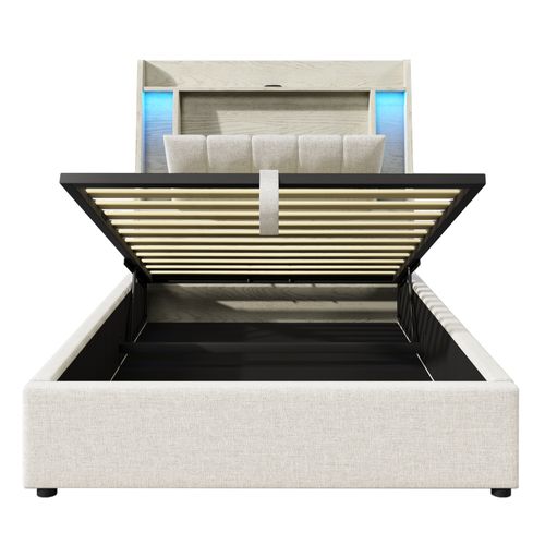 Lit Coffre 90x200 Cm Avec LED, USB Et Tête De Lit Avec Rangement Lin Beige