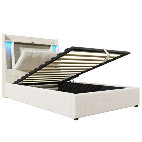 Lit Coffre 90x200 Cm Avec LED, USB Et Tête De Lit Avec Rangement Lin Beige