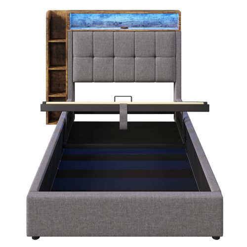 Lit Coffre 90x200 Cm Avec LED, USB Et Tête De Lit Avec Rangement Lin Gris