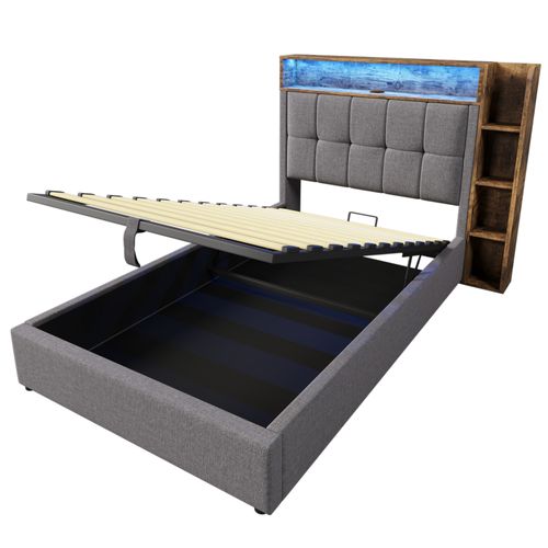 Lit Coffre 90x200 Cm Avec LED, USB Et Tête De Lit Avec Rangement Lin Gris