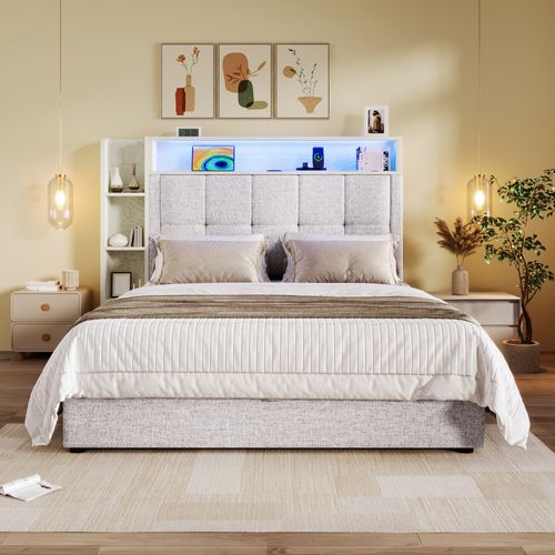 Lit Coffre 90x200 Cm Avec LED, USB Et Tête De Lit Avec Rangement Lin Beige