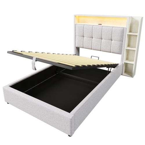 Lit Coffre 90x200 Cm Avec LED, USB Et Tête De Lit Avec Rangement Lin Beige