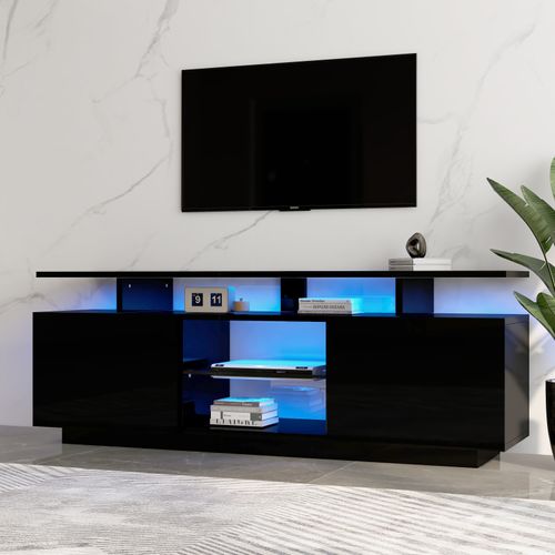 Meuble TV L.140 Cm Avec LED, 2 Portes Et 2 Niches Noir