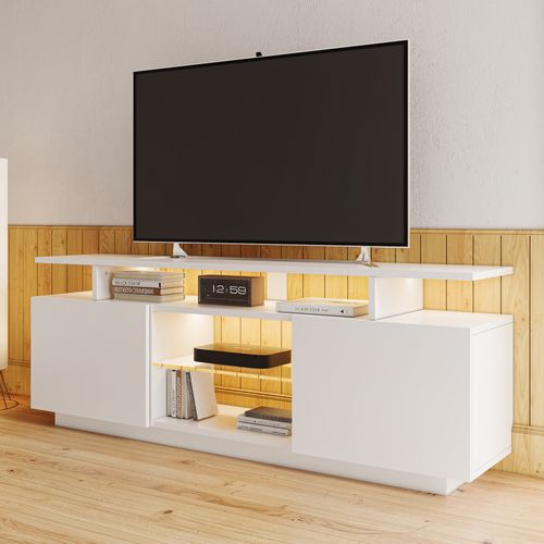 Meuble TV L.140 Cm Avec LED, 2 Portes Et 2 Niches Blanc