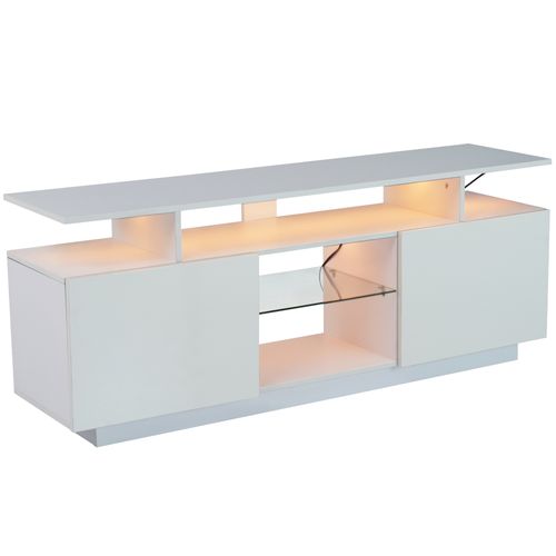Meuble TV L.140 Cm Avec LED, 2 Portes Et 2 Niches Blanc