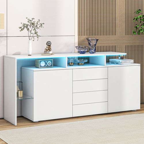 Buffet Avec LED, 2 Portes Et 4 Tiroirs Blanc