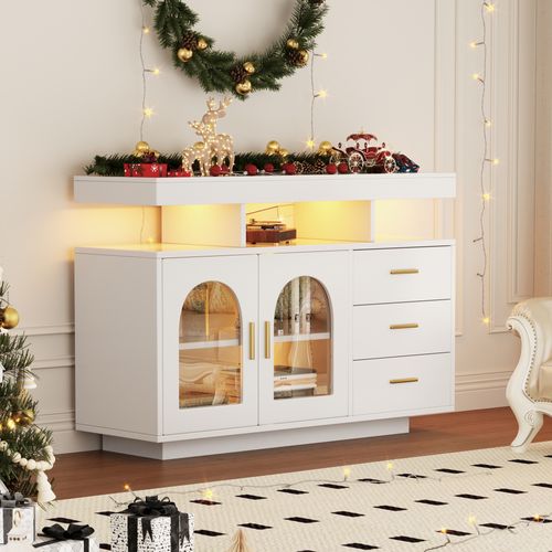 Buffet Avec LED, 2 Portes Et 3 Tiroirs Blanc