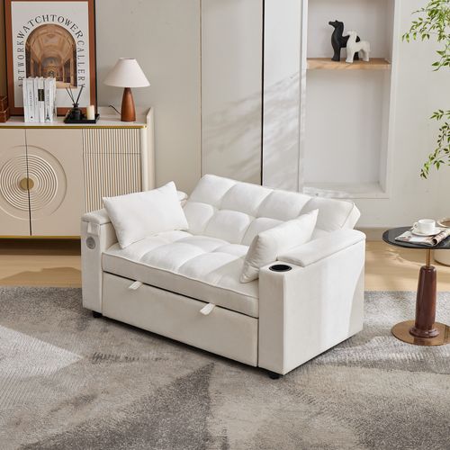 Canapé Convertible 2 Places Avec USB Et Porte-gobelets Beige