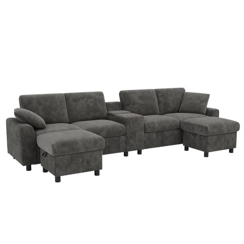 Canapé Angle Fixe 4 Places Avec Port USB Et 2 Poufs De Rangement Velours Côtelé Gris