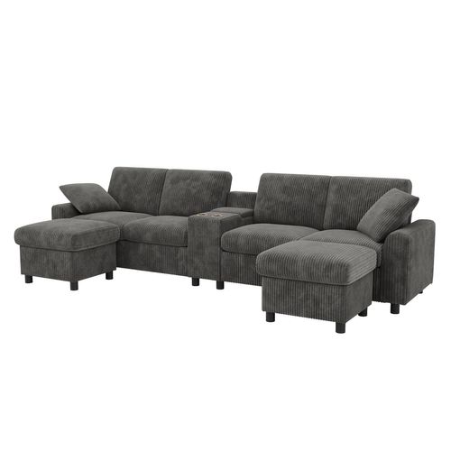 Canapé Angle Fixe 4 Places Avec Port USB Et 2 Poufs De Rangement Velours Côtelé Gris