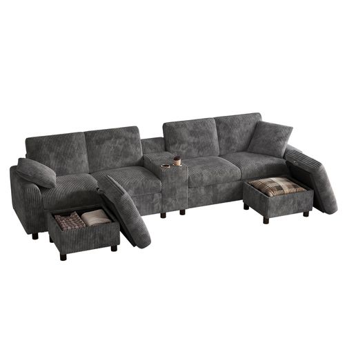 Canapé Angle Fixe 4 Places Avec Port USB Et 2 Poufs De Rangement Velours Côtelé Gris