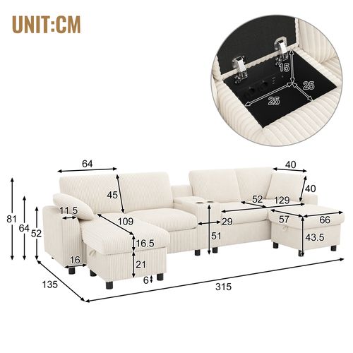 Canapé Angle Fixe 4 Places Avec Port USB Et 2 Poufs De Rangement Velours Côtelé Beige