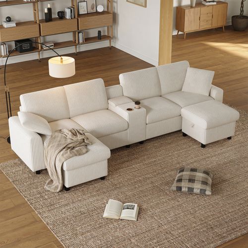 Canapé Angle Fixe 4 Places Avec Port USB Et 2 Poufs De Rangement Velours Côtelé Beige