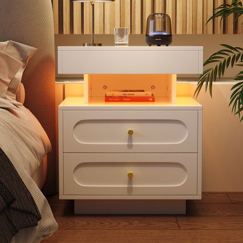 Lot De 2 Chevets Avec LED, 2 Tiroirs Et 1 Niche Blanc