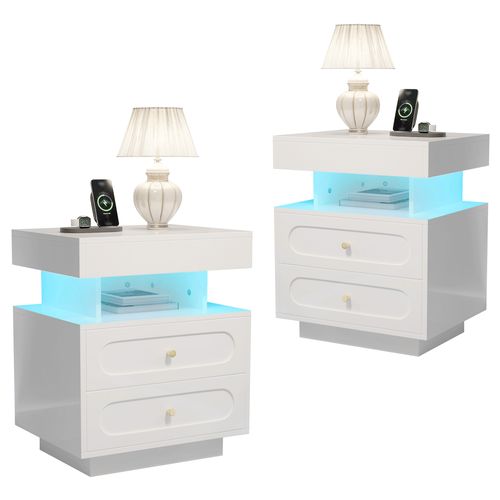 Lot De 2 Chevets Avec LED, 2 Tiroirs Et 1 Niche Blanc