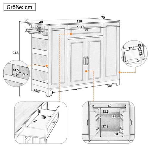 Desserte Ilot Central De Cuisine Mobile Avec 2 Portes, 2 Tiroirs Et Compartiment Poubelle Blanc