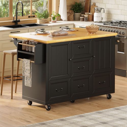 Desserte Ilot Central De Cuisine Mobile Avec 2 Portes Et 5 Tiroirs Noir