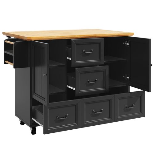 Desserte Ilot Central De Cuisine Mobile Avec 2 Portes Et 5 Tiroirs Noir