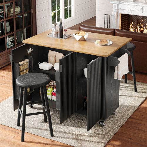 Desserte Ilot Central De Cuisine Mobile Avec 3 Portes Noir