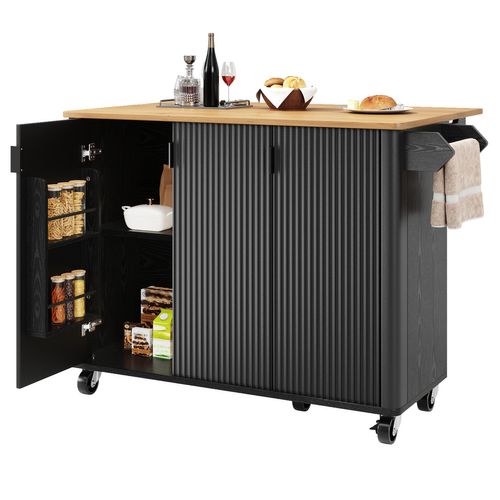 Desserte Ilot Central De Cuisine Mobile Avec 3 Portes Noir