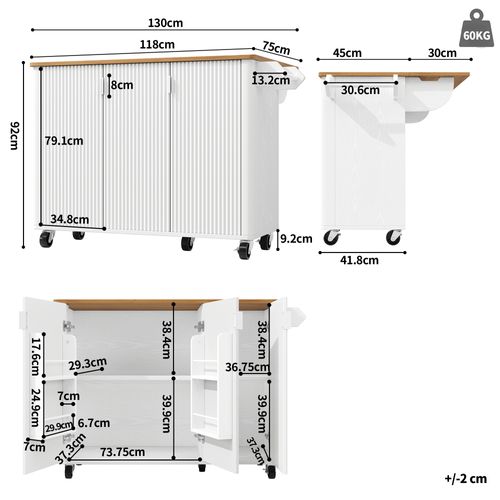 Desserte Ilot Central De Cuisine Mobile Avec 3 Portes Blanc