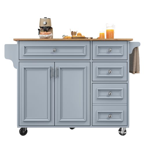 Desserte Ilot Central De Cuisine Mobile Avec 2 Portes Et 5 Tiroirs Bleu