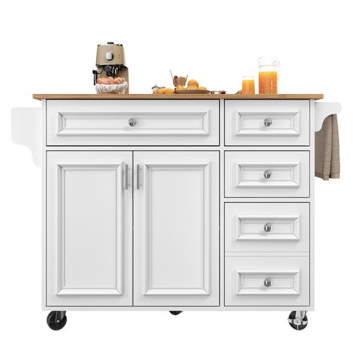 Desserte Ilot Central De Cuisine Mobile Avec 2 Portes Et 5 Tiroirs Blanc