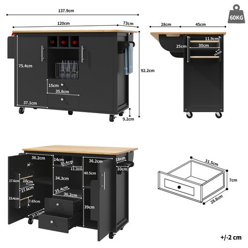 Desserte Ilot Central De Cuisine Mobile Avec 2 Portes Et 2 Tiroirs Noir