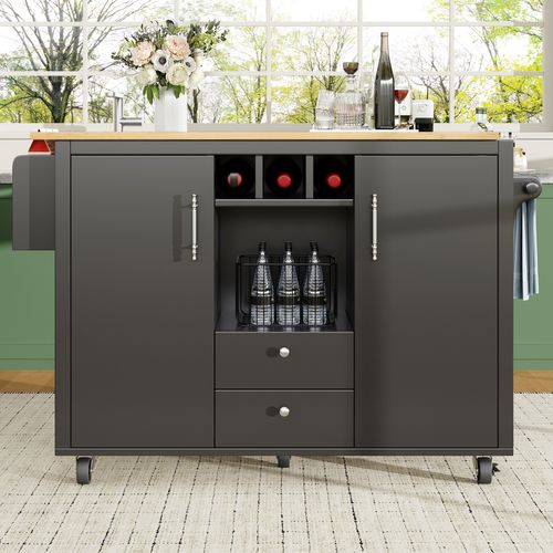 Desserte Ilot Central De Cuisine Mobile Avec 2 Portes Et 2 Tiroirs Noir