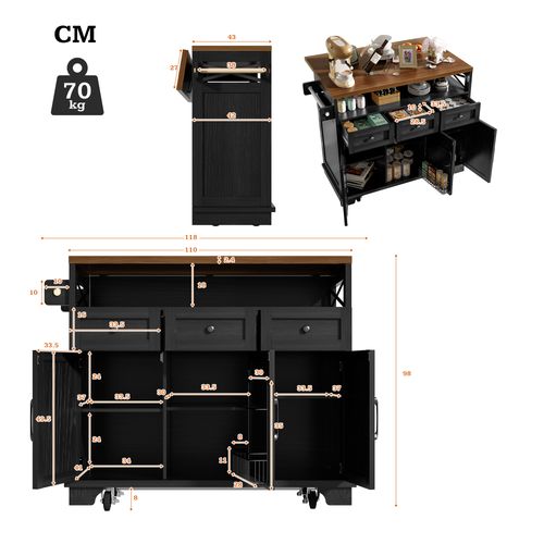 Desserte Ilot Central De Cuisine Mobile Avec 3 Portes Et 3 Tiroirs Noir