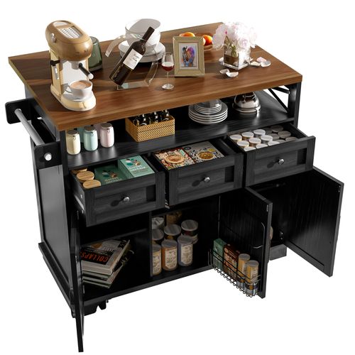 Desserte Ilot Central De Cuisine Mobile Avec 3 Portes Et 3 Tiroirs Noir