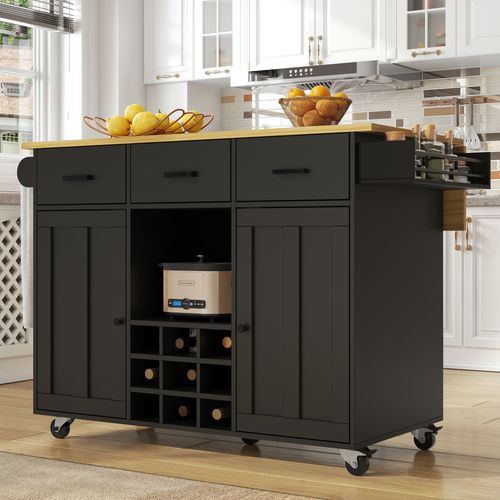 Desserte Ilot Central De Cuisine Mobile Avec 2 Portes Et 3 Tiroirs Noir